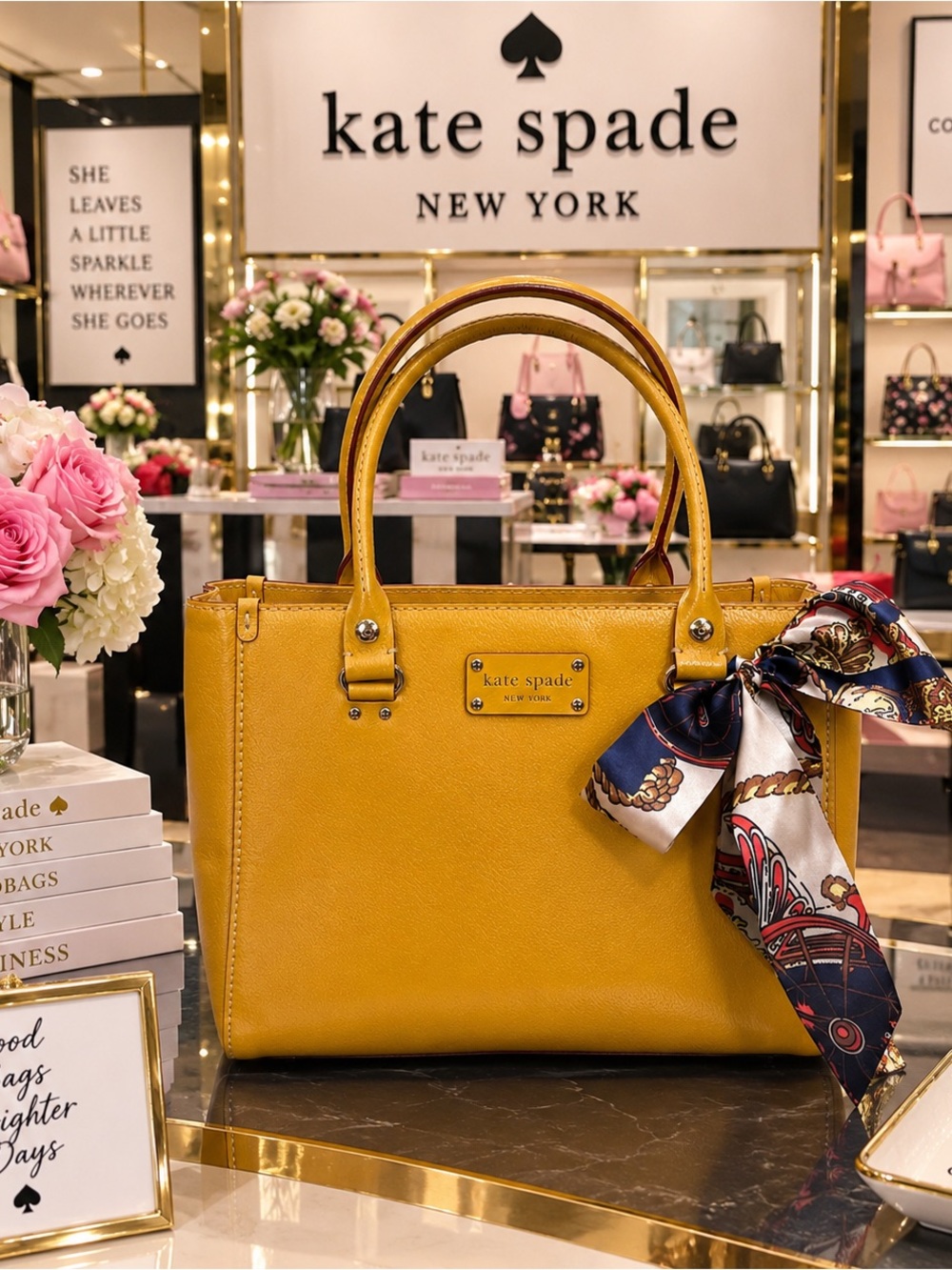 kate spade Yellow Leather Satchel with Decorative Scarf